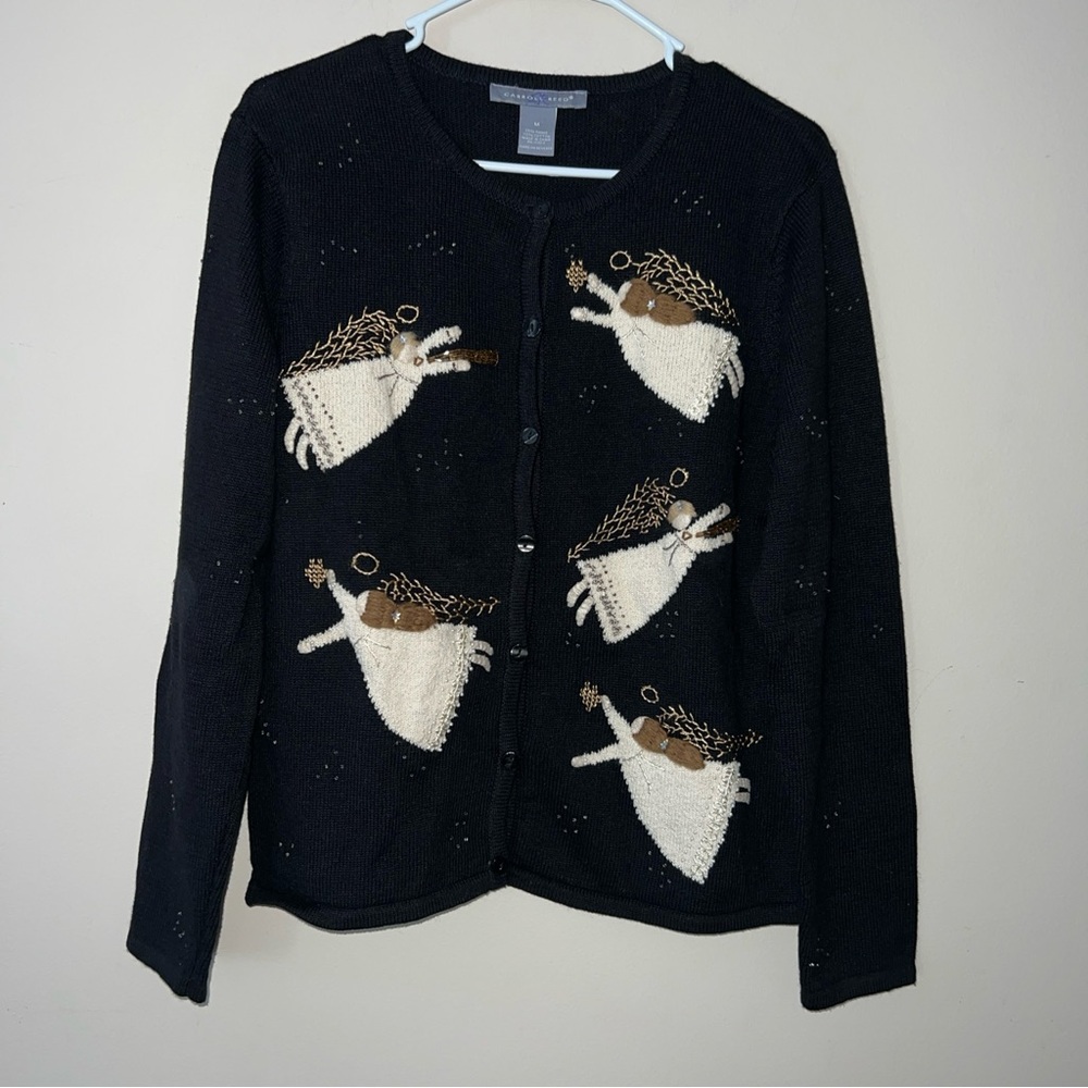 Vintage Carroll Reed Black Button Sweater Cardigan  Christmas Angel Medium